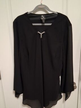 Black Long-Sleeve Blouse with Rhinestone Accent